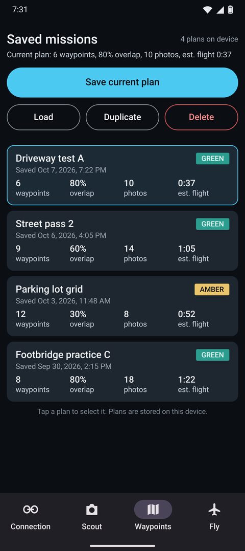 SIMULATED: mockup of a saved missions screen listing sample flight plans with save, load, duplicate, and delete buttons